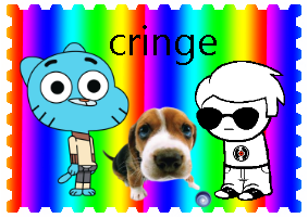 dave strider gumball and a sniffing dog on rainbow background captioned CRINGE